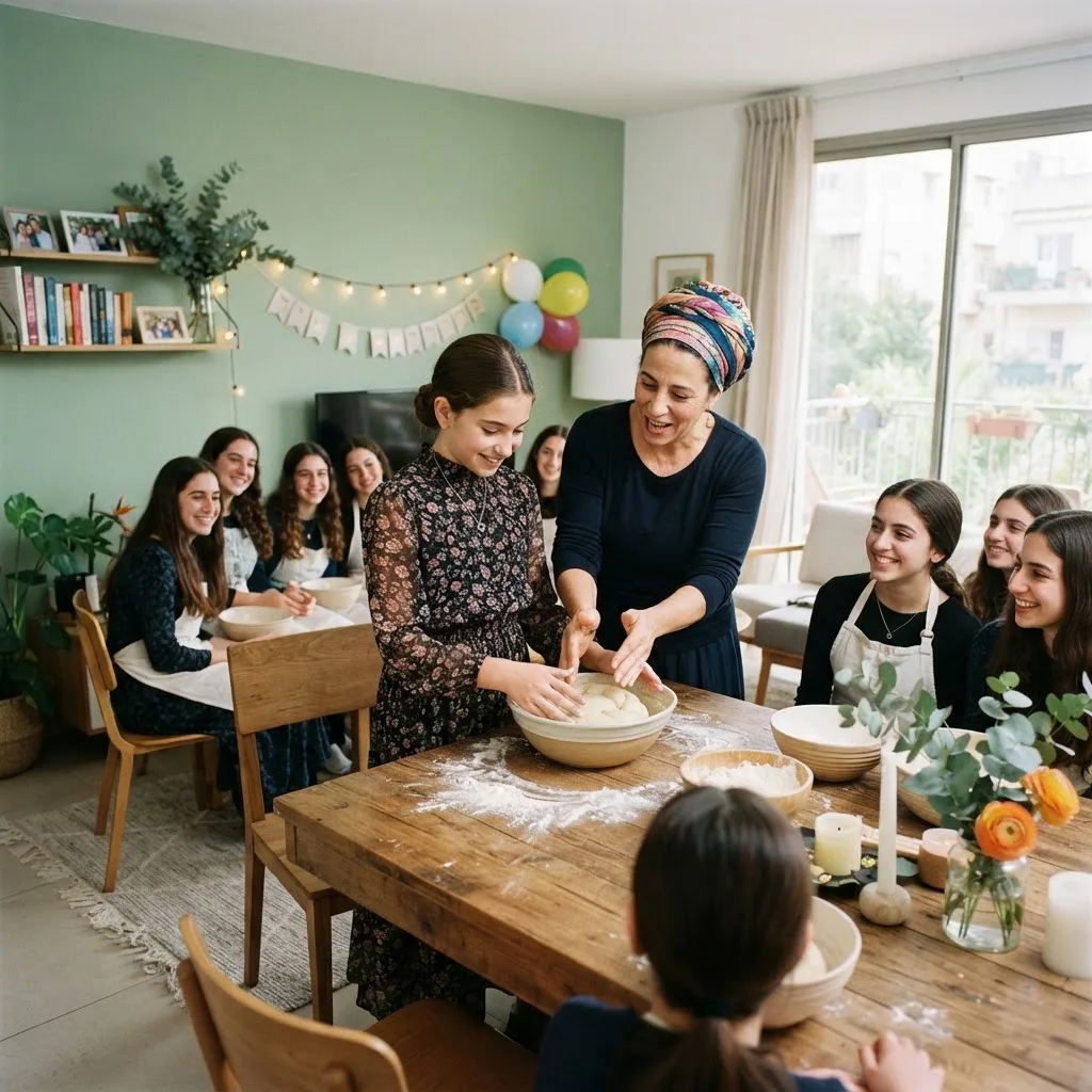 תמונת AI להמחשה: רבנית מדריכה נערת בת מצווה בהפרשת חלה