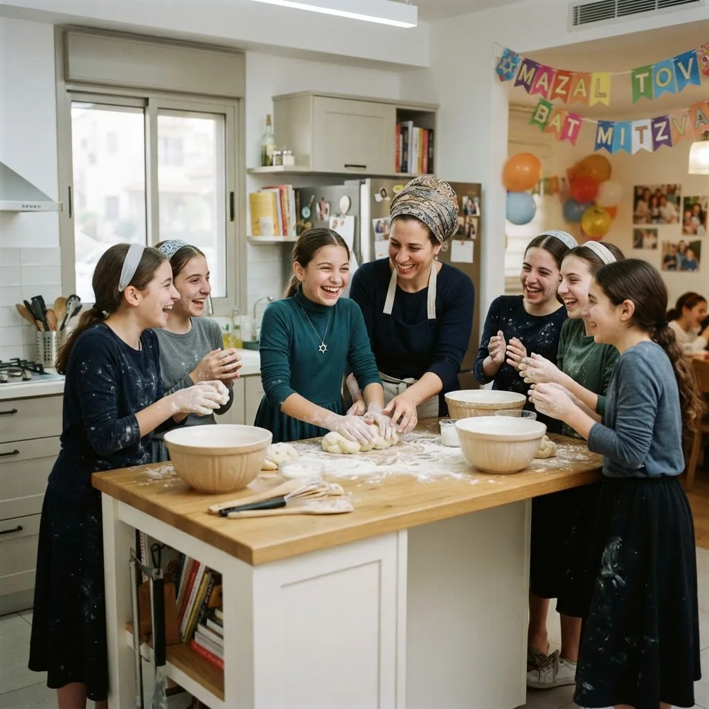 תמונת AI להמחשה: רבנית ונערת בת מצווה בלבוש צנוע לשות בצק יחד